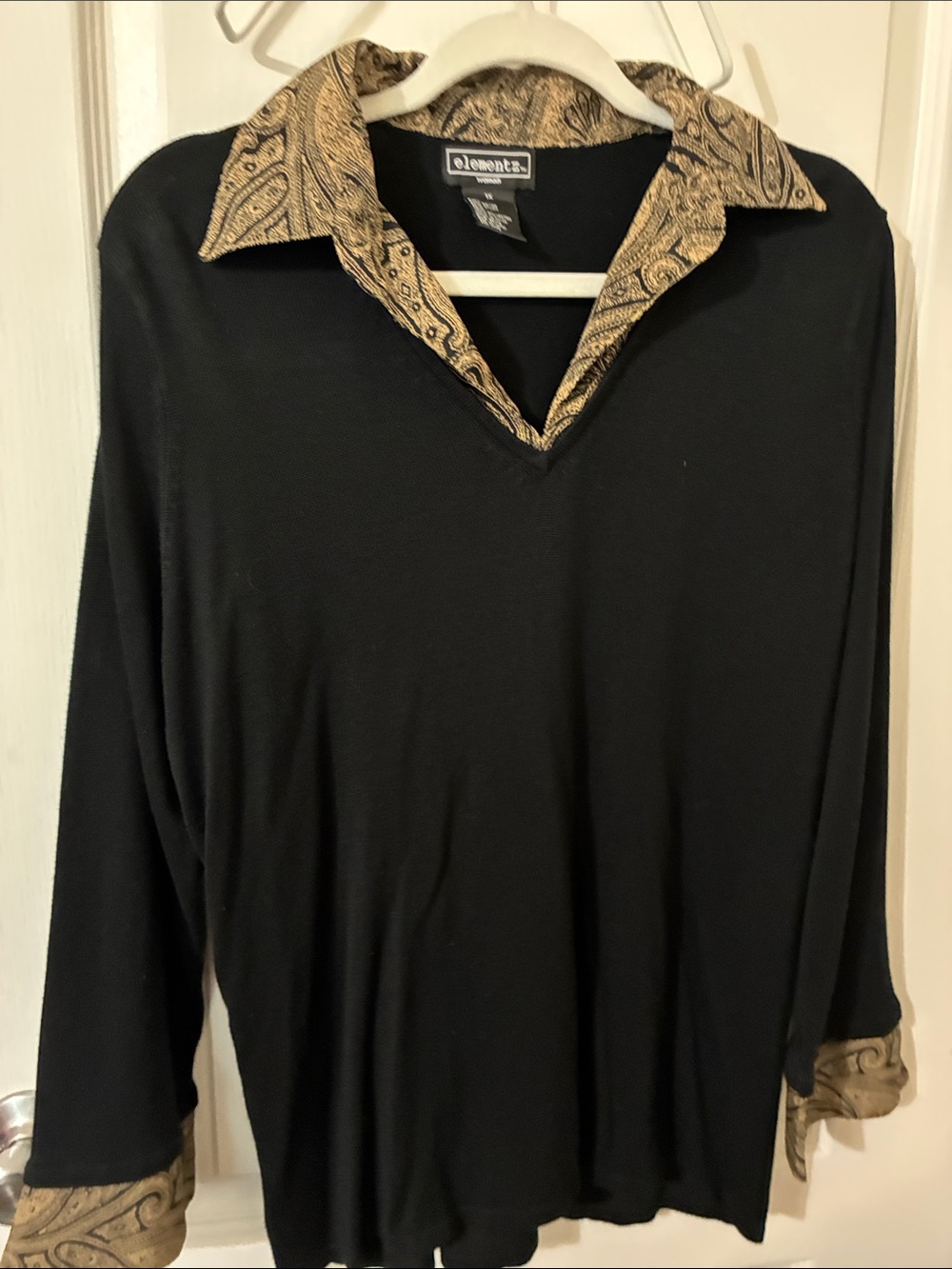 Elementz Black Long-Sleeve Polo with Tan Paisley Trim